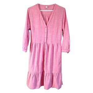 Old Navy Pink Striped Button Down Dress Long Sleeve Knee Length Linen Blend Med